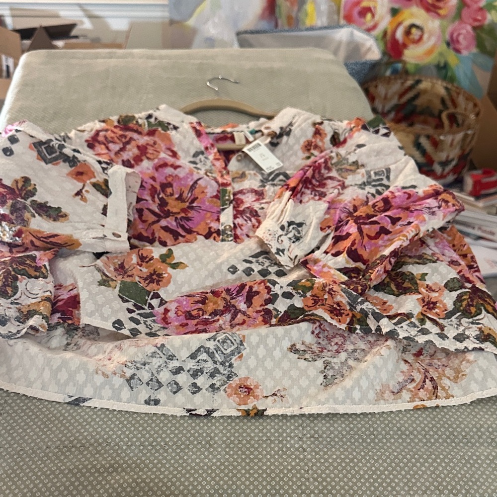 Pilcro Cream Floral Peasant Blouse with Pink and Orange Blooms